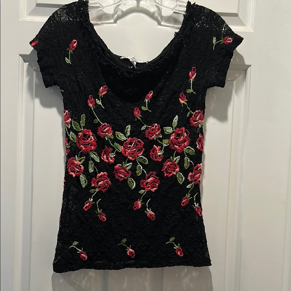 Floral Embroidered Black Lace Top